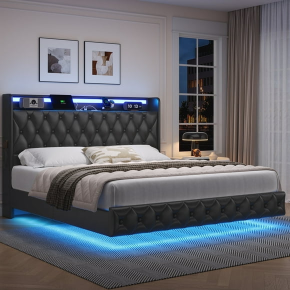 Hiphuta King Size Floating Upholstered Beds with LED Lights, Velvet Leather Sturdy Platform Bed with Charging Station & Button Tufted Headboard Storage, Black