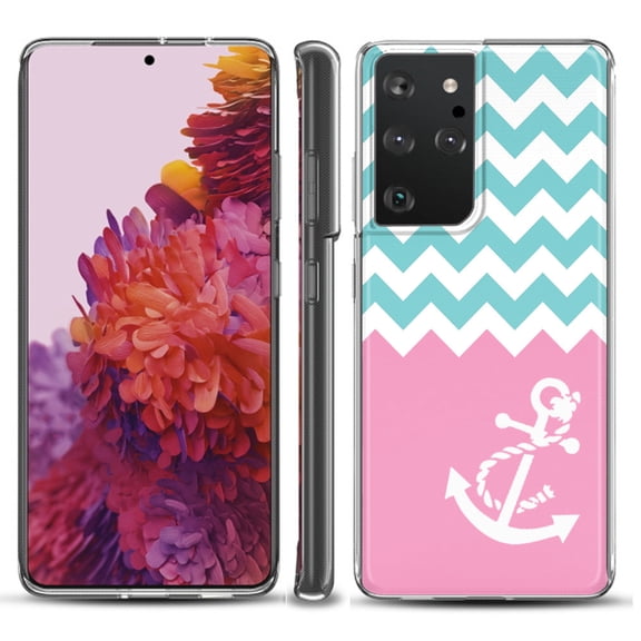 Slim-Fit Lightweight Protective Phone Case compatible with Samsung Galaxy S21 ULTRA 5G, by OneToughShield ® - Chevron/Teal/Anchor