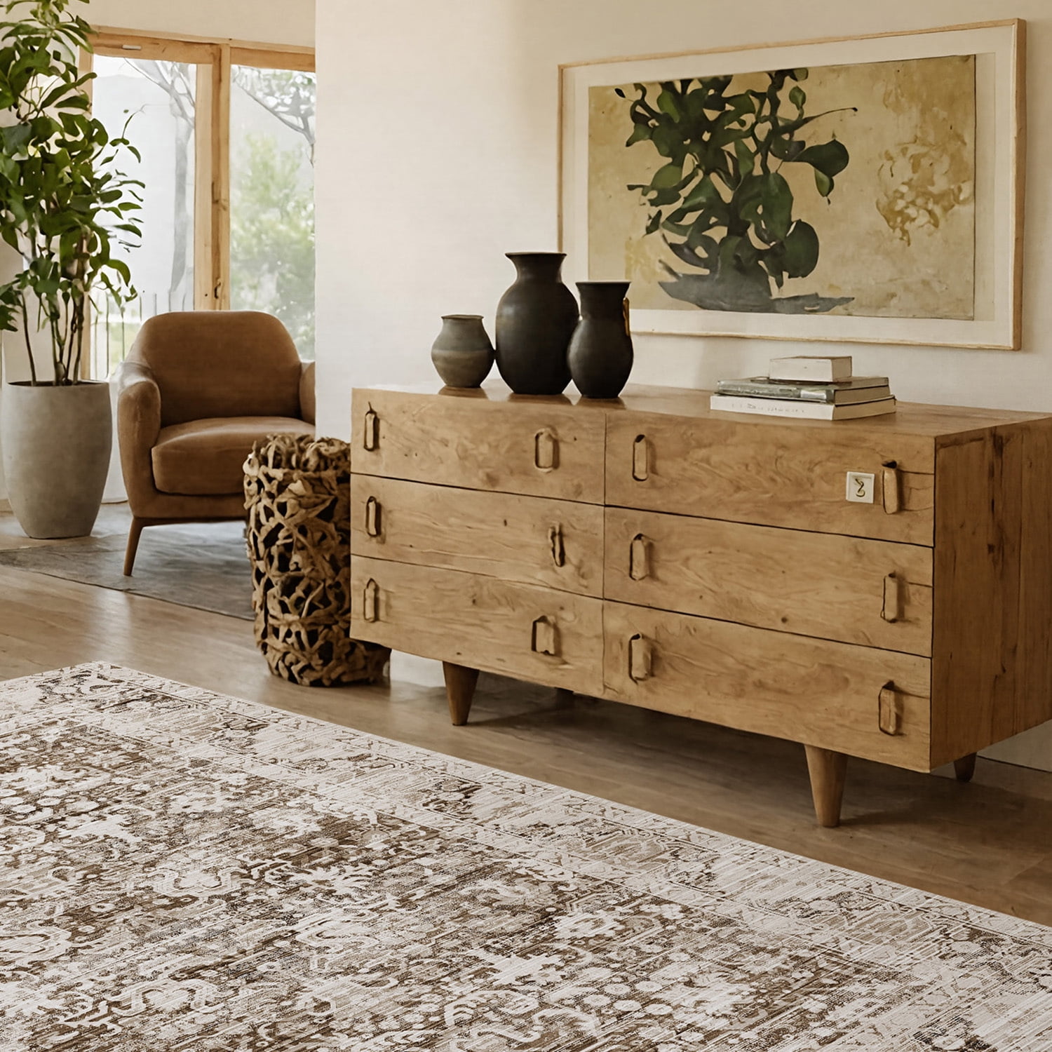 PABUBE Low Pile 4'x6' Boho Area Rug for Living Room, Large Retro Rug Non Slips, Machine Washable Vintage Persian Carpet for Bedroom Dining Room Home Office
