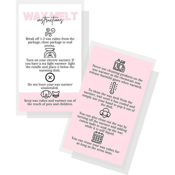 Wax Melt Care Instruction Cards  50 Pack  2x3.5 Business Card Wax Melt Supplies Homemade Customer thank you for Warmer Minimalist White and Pink How To Care for wax cube clamshell wickless candle