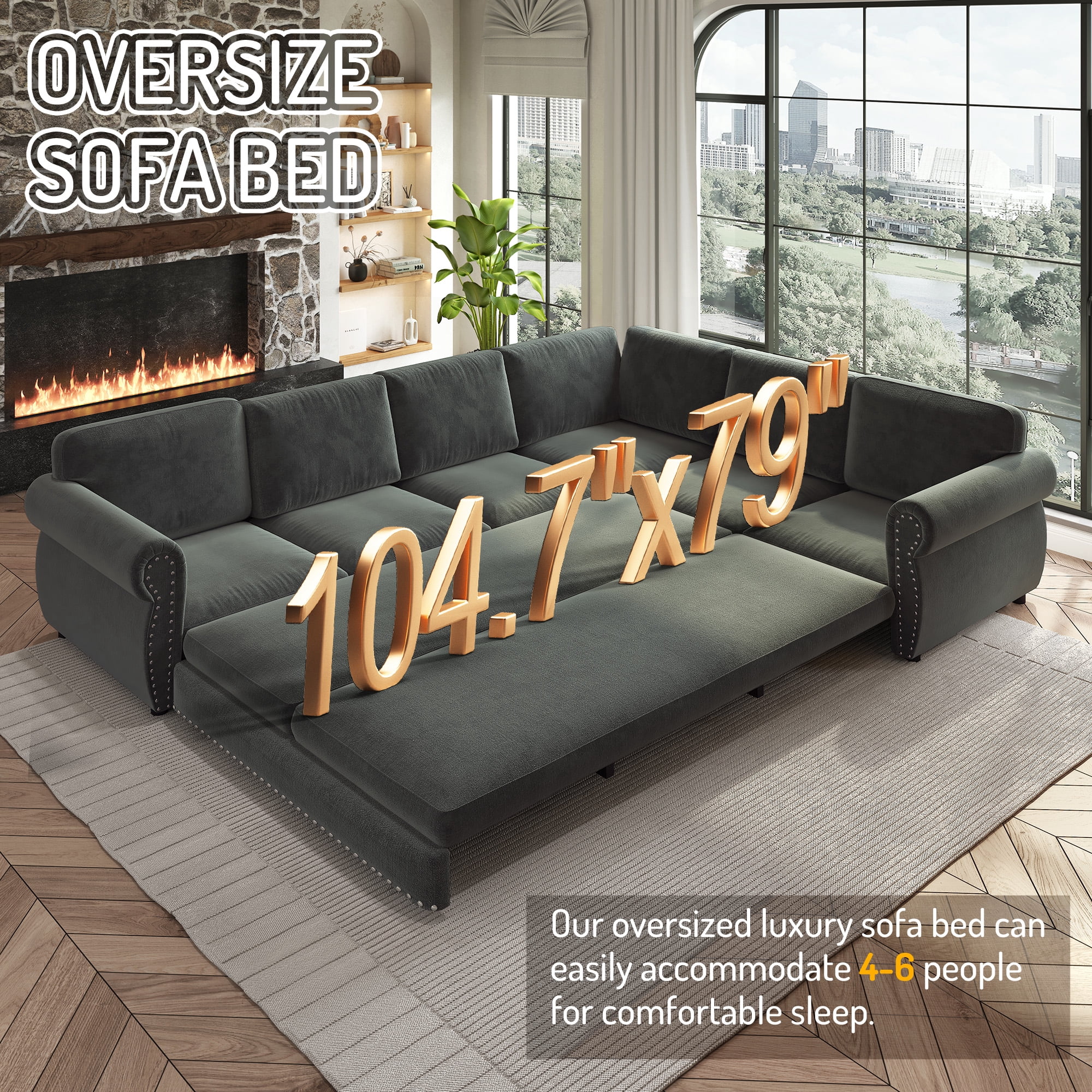 LLappuil Sectional Sofa Couch, Oversized Chenille Sofa with Pull Out Sofa Bed for Living Room Dark Gray