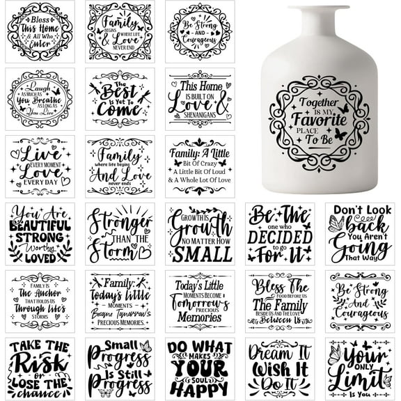 25 Sheets Black Inspirational Quotes Silhouette Vase Decals Stickers for Jar Motivational Text Adhesive Lantern Stickers Family Motto Plastic Decals for Window Lamp Glass Art Home Decor Colorful