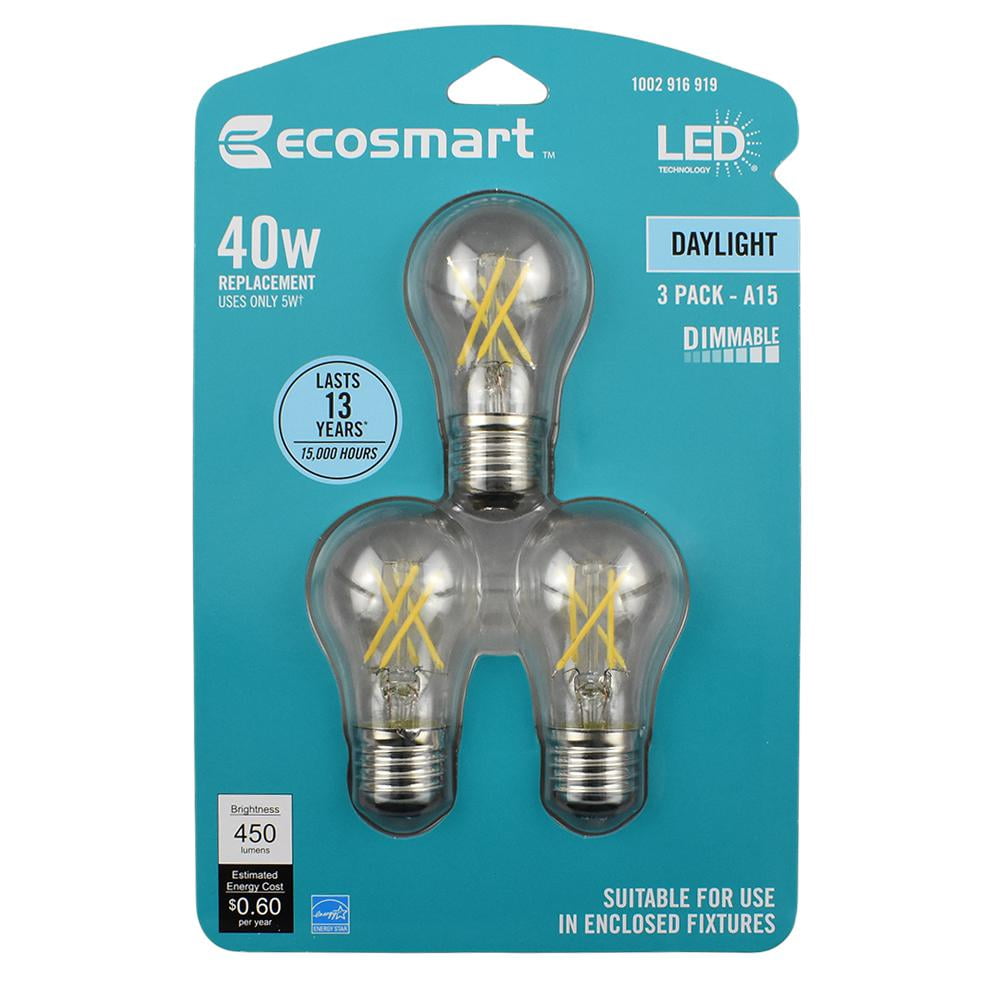 EcoSmart 40-Watt Equivalent A15 Appliance Dimmable Energy Star Clear Glass Filament Vintage LED Light Bulb Daylight (3-Pack)