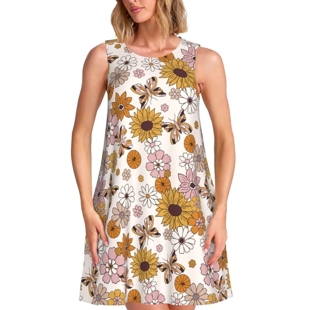 Fotbe Sunflowers And Butterflies Vestido de Verano sin Mangas para Mujer – Vestido Midi Línea A, Estilo Camiseta Floral, Vestido Playero Casual y Fluido