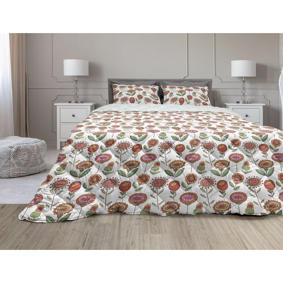 Floral Comforter & Sham Bedding Set, Happy Arrangement of Colorful Cartoon Flower, 3 pcs Duvet Set Microfiber Filling Quilt, 5 Sizes, White Multicolor, by Ambesonne