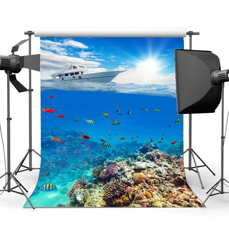 Image of ABPHOTO Polyester 5x7ft Underwater World Backdrop Aquarium Backdrops Fish Shells Fancy Coral Luxurious Ship Under the Sea Photography Background for Boys Room Decoration Wallpaper Photo Studio Props