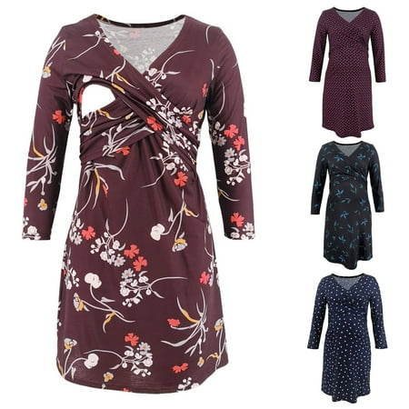 

Tejiojio Maternity/Labor/Nursing Clothing Clearance Ladies Fashion Flowers Leaf Print Long Sleeve Maternity Breastfeeding Dress