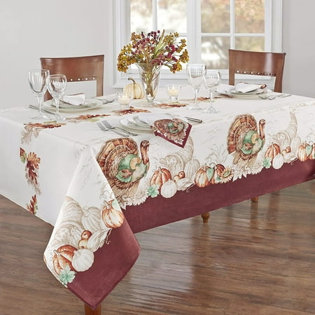 

Country Thanksgiving Turkey Fabric Bordered Tablecloth Fall Autumn Pumpkin Harvest Leaf Toile Cottage Print Soil Resistant No Iron Easy Care Tablecloth 52 Inch x 70 Inch Oblong/Rectangle