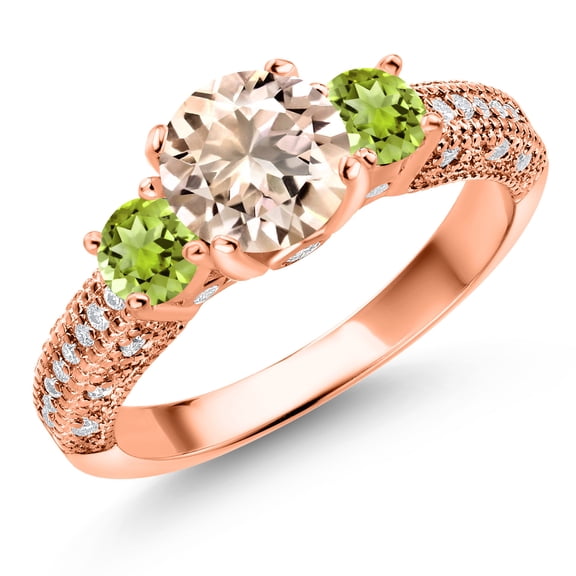 Gem Stone King 18K Rose Gold Plated Silver Peach Morganite Green Peridot and White Moissanite Engagement Ring for Women (1.83 Cttw, Gemstone October Birthstone, Round 7MM and 4MM, Size 5)