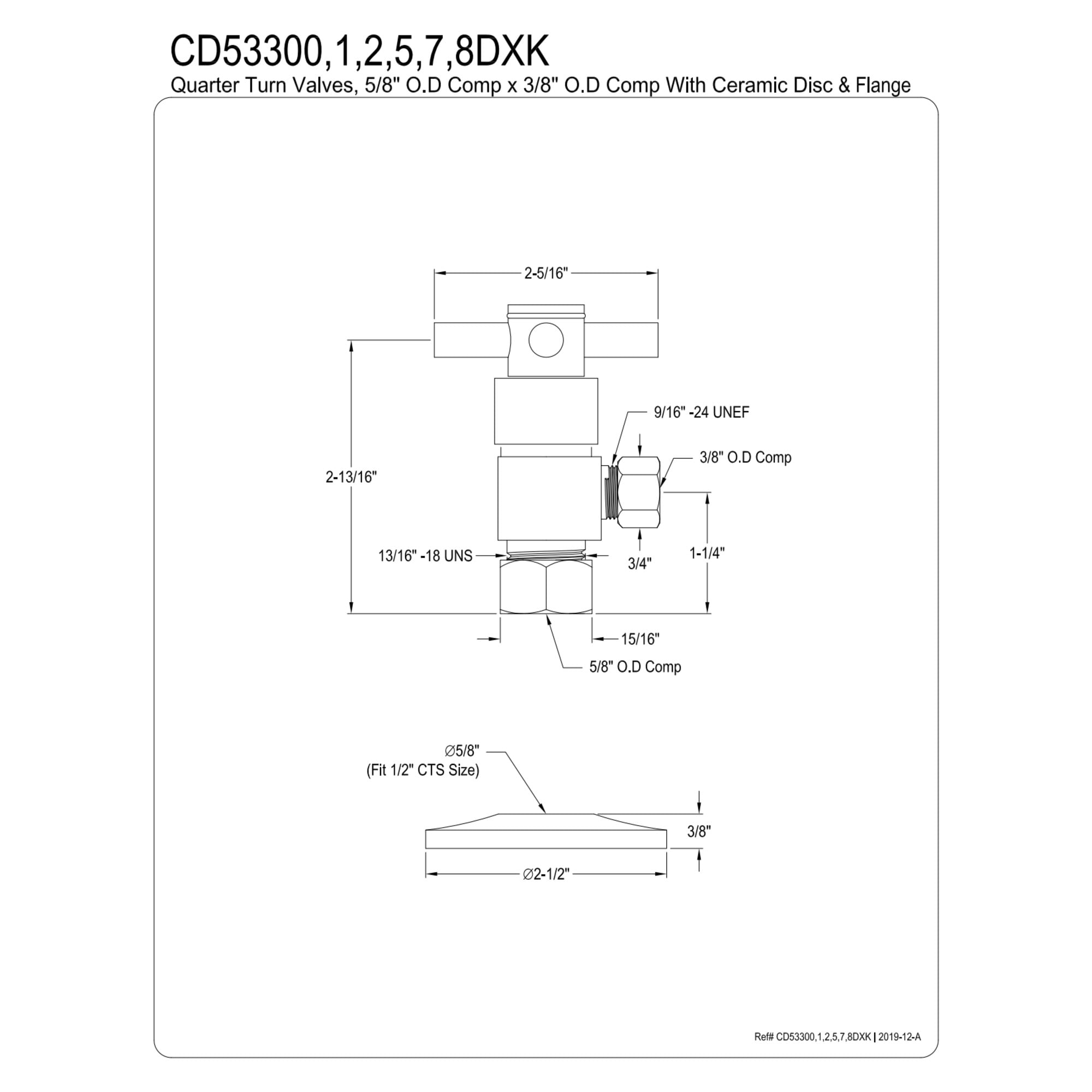 Kingston Brass CD53301DXK 5/8-Inch O.D. Comp x 3/8-Inch O.D. Comp Anti-Seize Deluxe Quarter-Turn Ceramic Hardisc Cartridge Angle Stop with Flange in Polished Chrome
