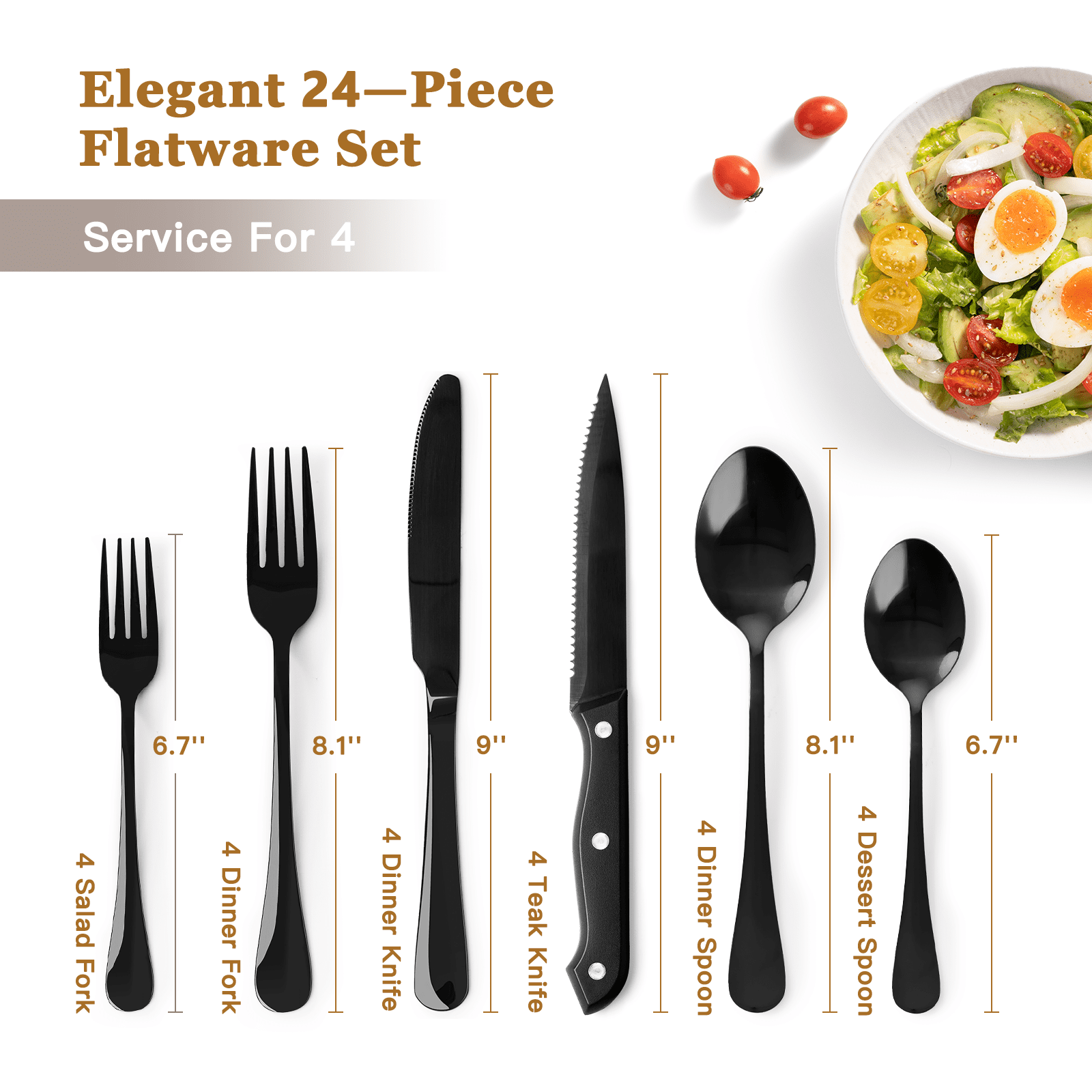 Astercook 25-Pieces Black Silverware Set with Steak Knives, Black Flatware Set for 4, Food-Grade Stainless Steel Tableware Cutlery Set, Eating Mirror Polished Utensil Set for... Astercook 25-Pieces Black Silverware Set with Steak Knives, Black Flatware Set for 4, Food-Grade Stainless Steel Tableware Cutlery Set, Eating Mirror Polished Utensil Set for... - Image 6