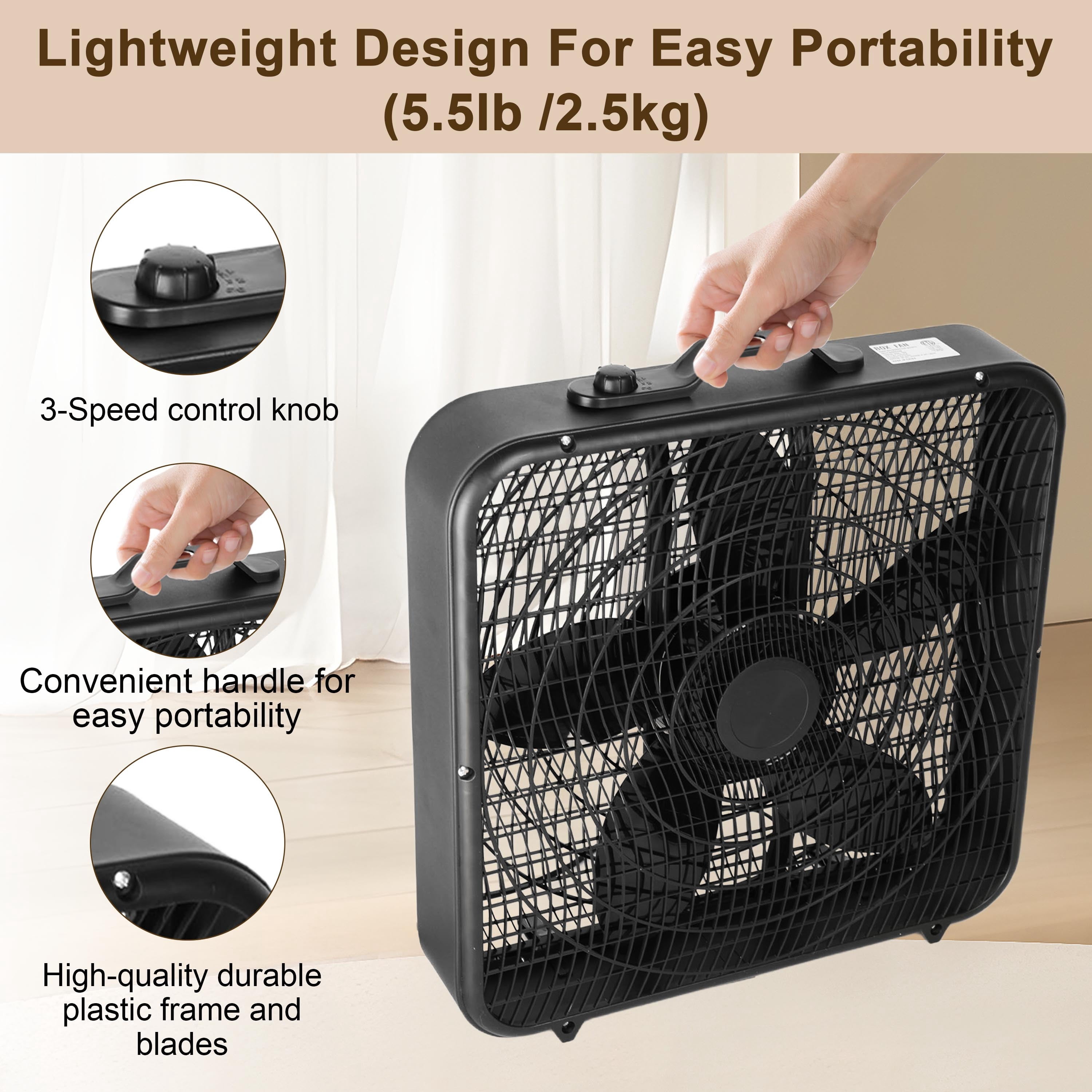 Avobird 20 Inch Classic Box Fan with Carry Handle for bedroom, 3 Quite Speeds 2000CFM Powerful Airflow, Floor Fan for Office & Living Room(Black)