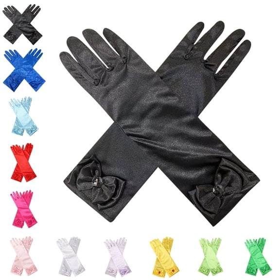 Bmisegm Solid Color Gloves for Girls Long Elbow Length with Bow Detail Embellished Wrist Party Accessory Long Gloves Black One Size