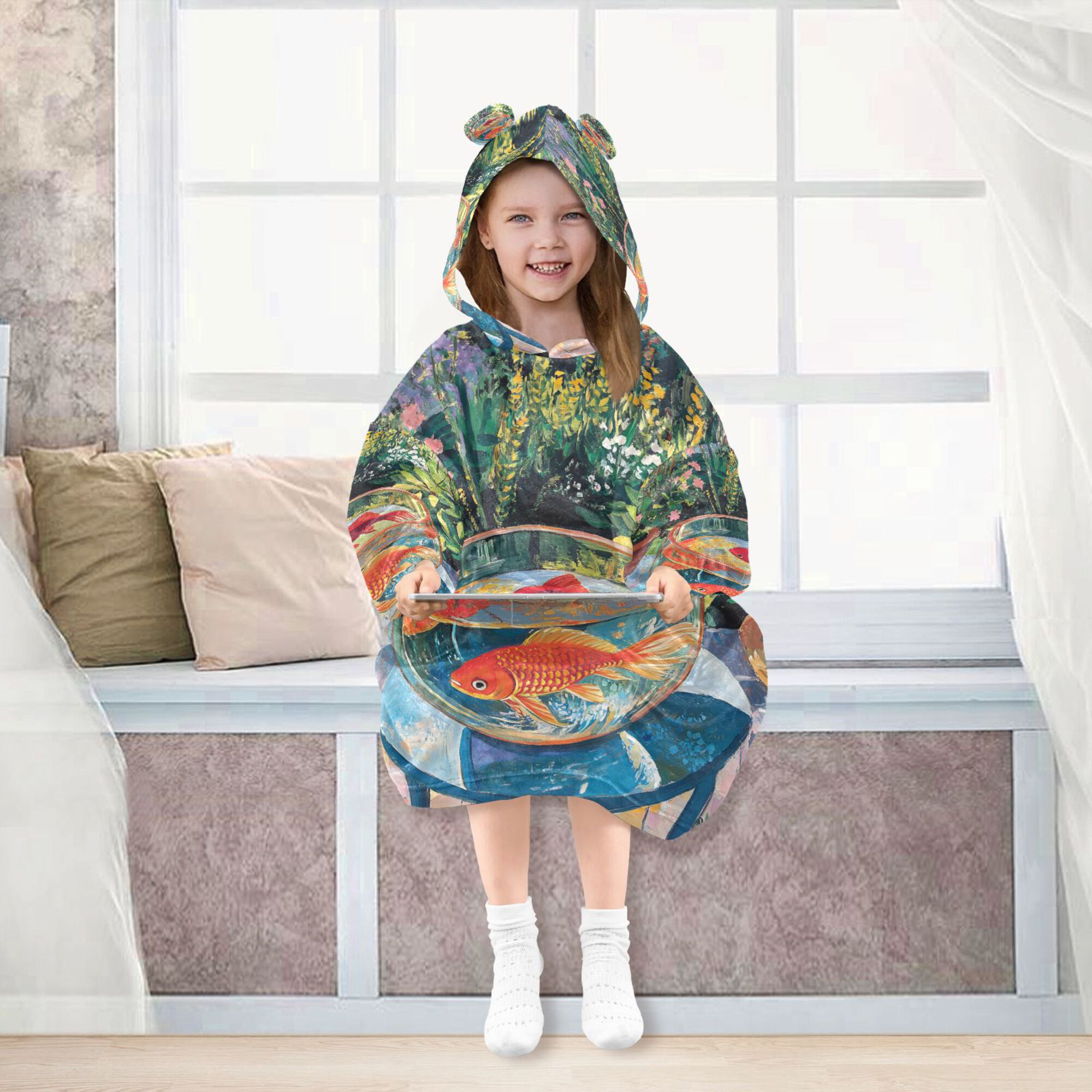 FORMRS Wearable Blanket Hoodie with Sleeves for Kids Cozy Flannel Sweatshirt, Art Goldfish Bowl