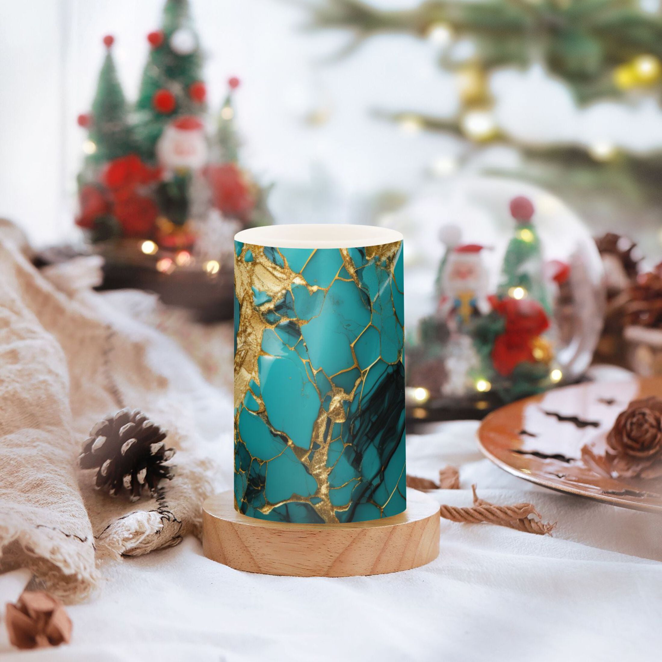 Turquoise and Gold Marble Flameless Candles with Remote Timer LED Battery Operated Flickering Candle Light for Festival Wedding Home Party
