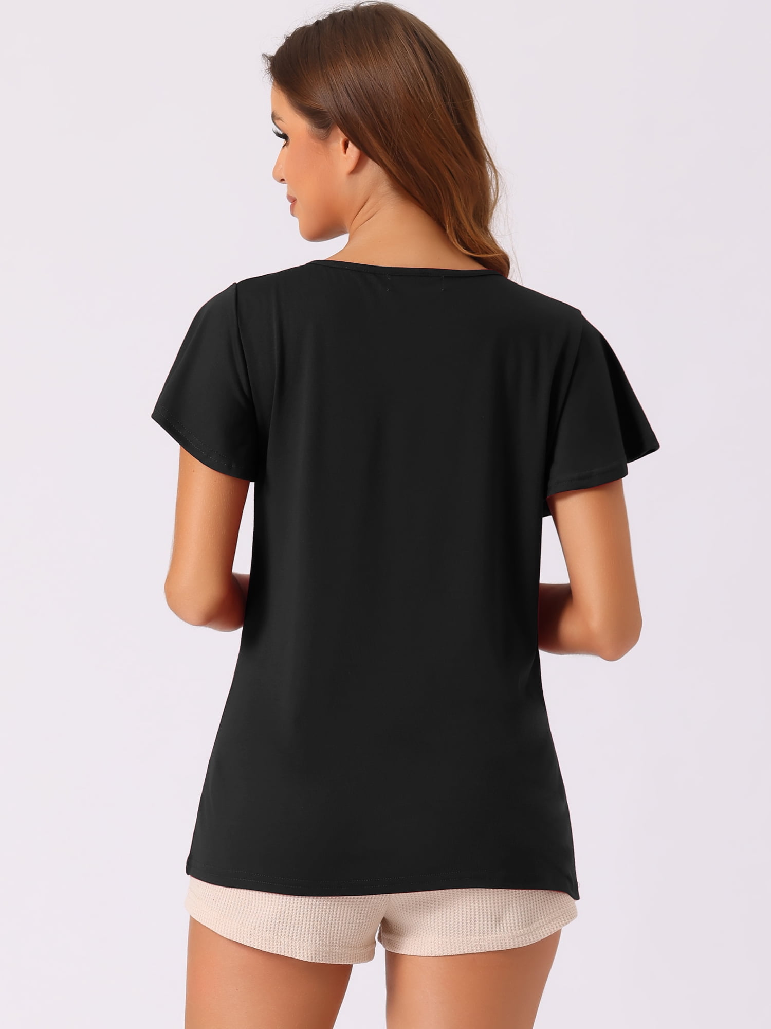 DARING DIVA Women's Short Sleeve Soft Knit V Neck Ruffled Pajama Tops XS Black