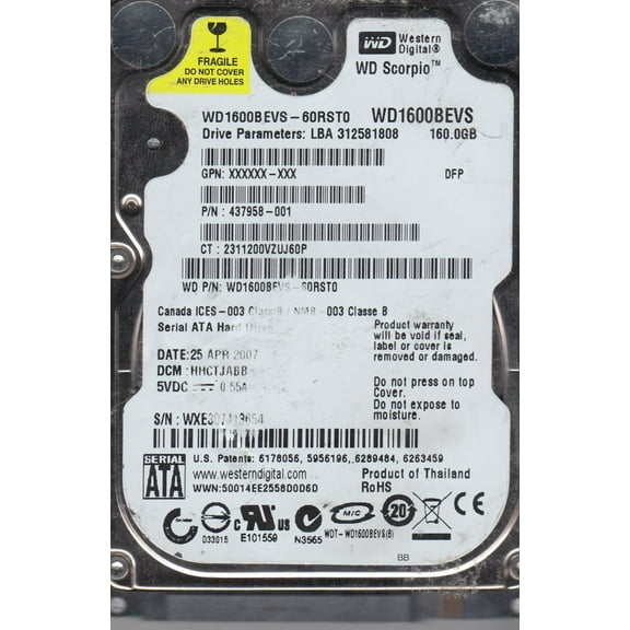 WD1600BEVS-60RST0, DCM HHCTJABB, Western Digital 160GB SATA 2.5 Hard Drive