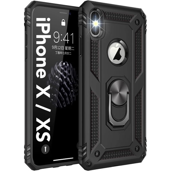 for iPhone X Case iPhone Xs Case with Kickstand Full Body Military Grade Shockproof Protective Cover Sturdy Dual Layer Shell Design Phone Case for iPhone Xs/iPhone X Black