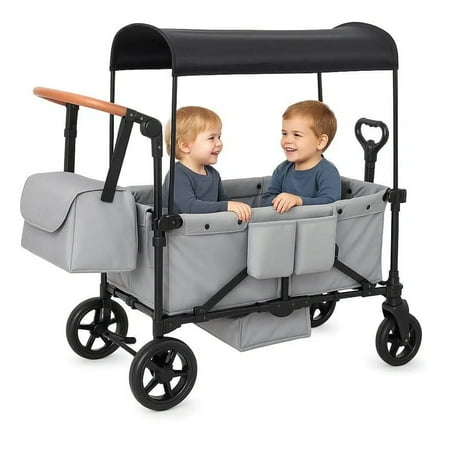 Wagon Stroller for 2 Kids, 3 in 1 Push and Pull Foldable Wagon with Footwell, All-Terrian Wheels, Includes Adjustable Canopy, Ample Organizer, 5 Point Harness