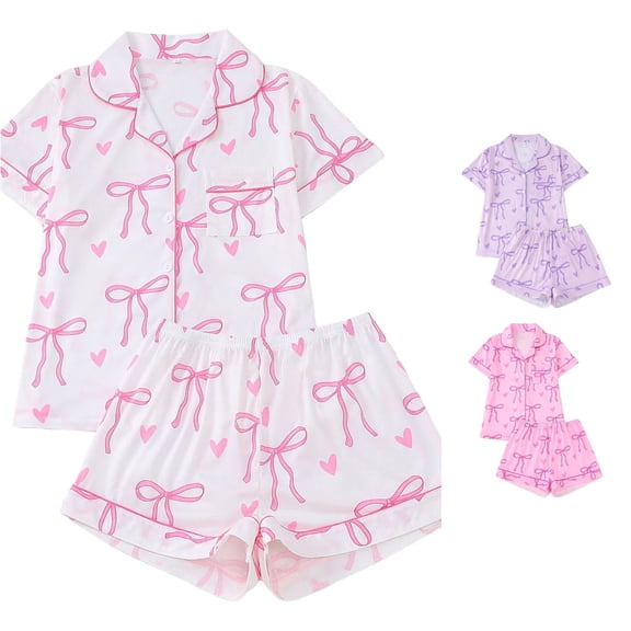 RMGVDSD Womens Pajama Sets Women's Bow Print Pajamas 2 Piece Short Sleeve Button Down Top and Shorts Sleepwear Set Fashion Loungewear