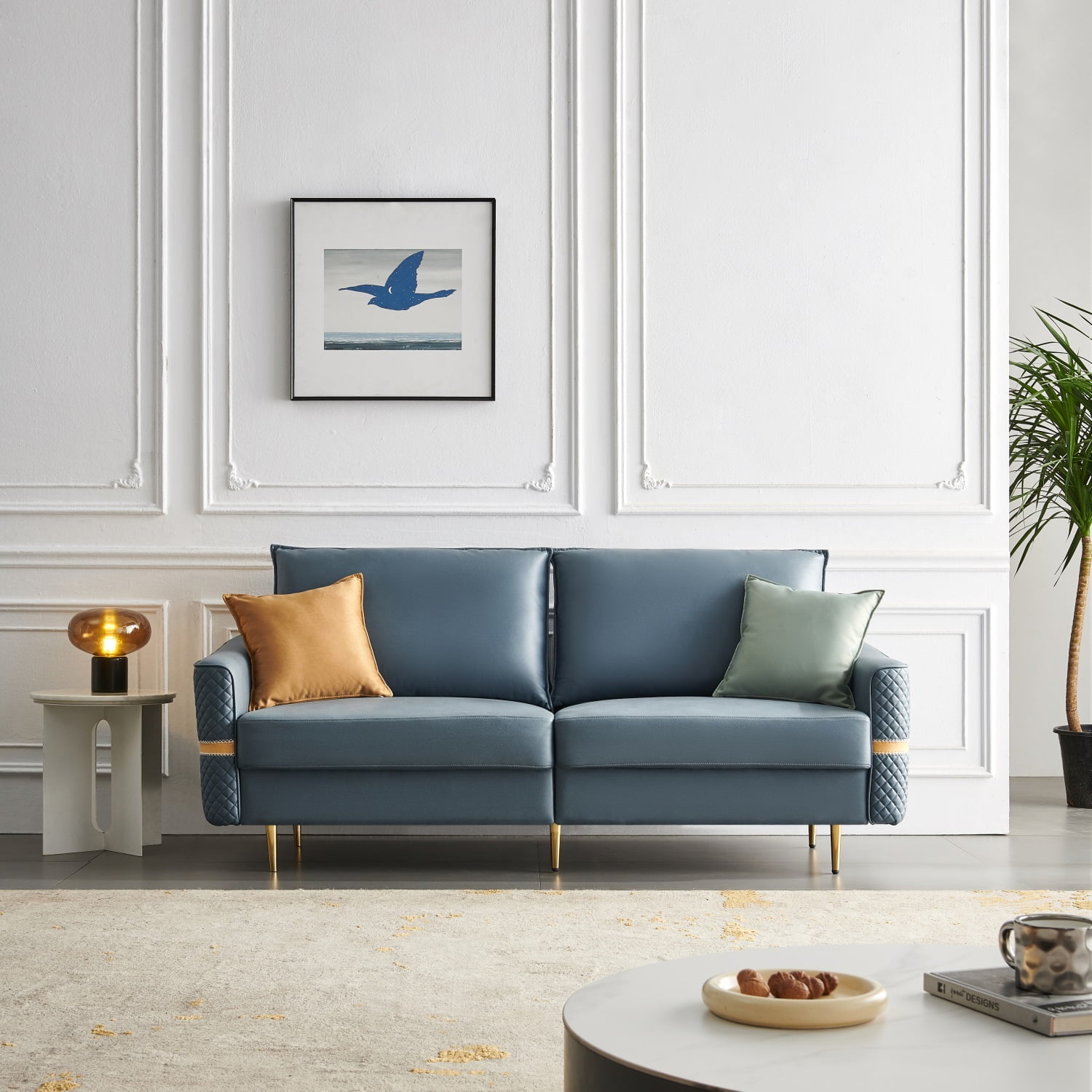 Kadyn Upholstered Loveseat Sofa for Living Room, 2 Seat Couch with 2 Pillows, 73.22" Modern Fabric Sofa, Blue