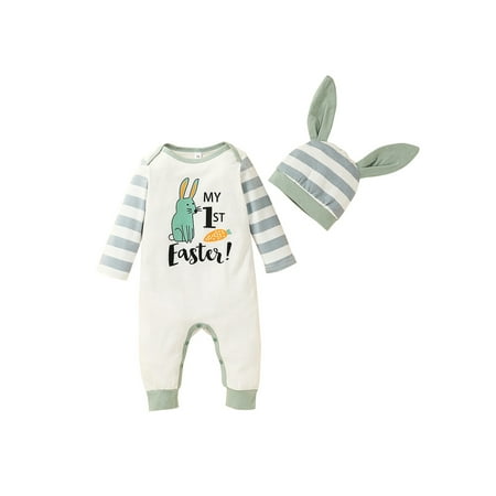 

Fiomva Baby My First Easter Outfits Letter Print Jumpsuit with Bunny Hat Green 18-24 Months