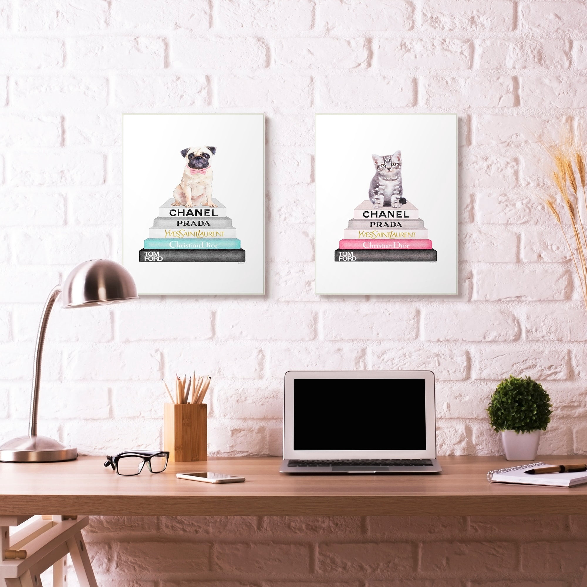 The Stupell Home Decor Grey Teal and Black Fashion Bookstack with Pug Wall Plaque Art