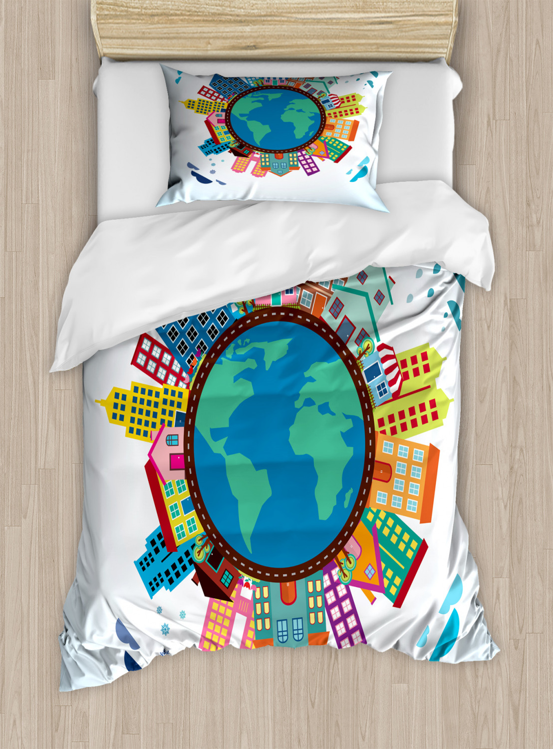 World Map Duvet Cover Set Twin Size, Composition of Apartment Buildings ...