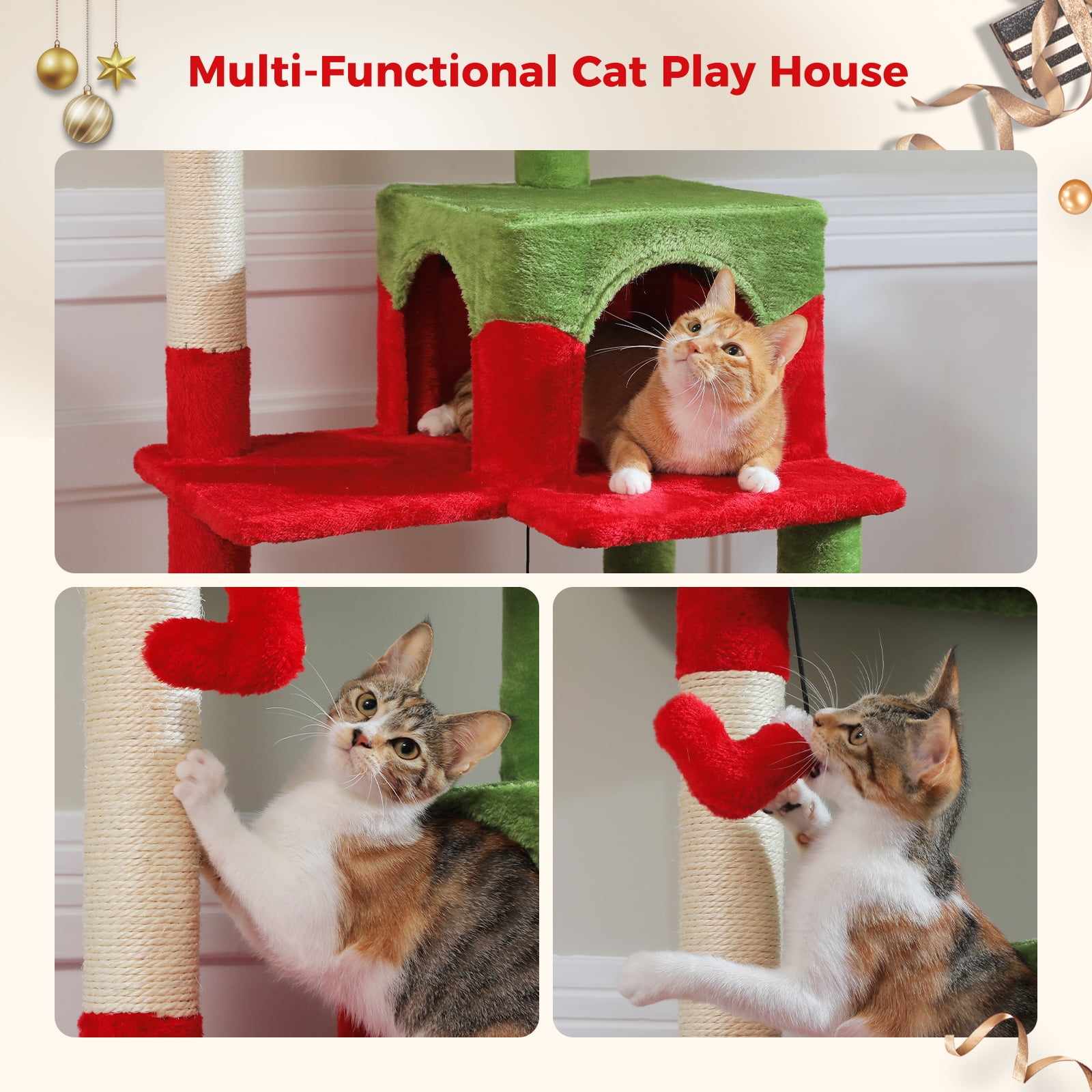 Pefilos 56" Wood Cat Tree Tower for Large Cats, Cat Tree House for Indoor Cats with Cozy Cat Condo, Super Large Hammock and Plush Perches, Red