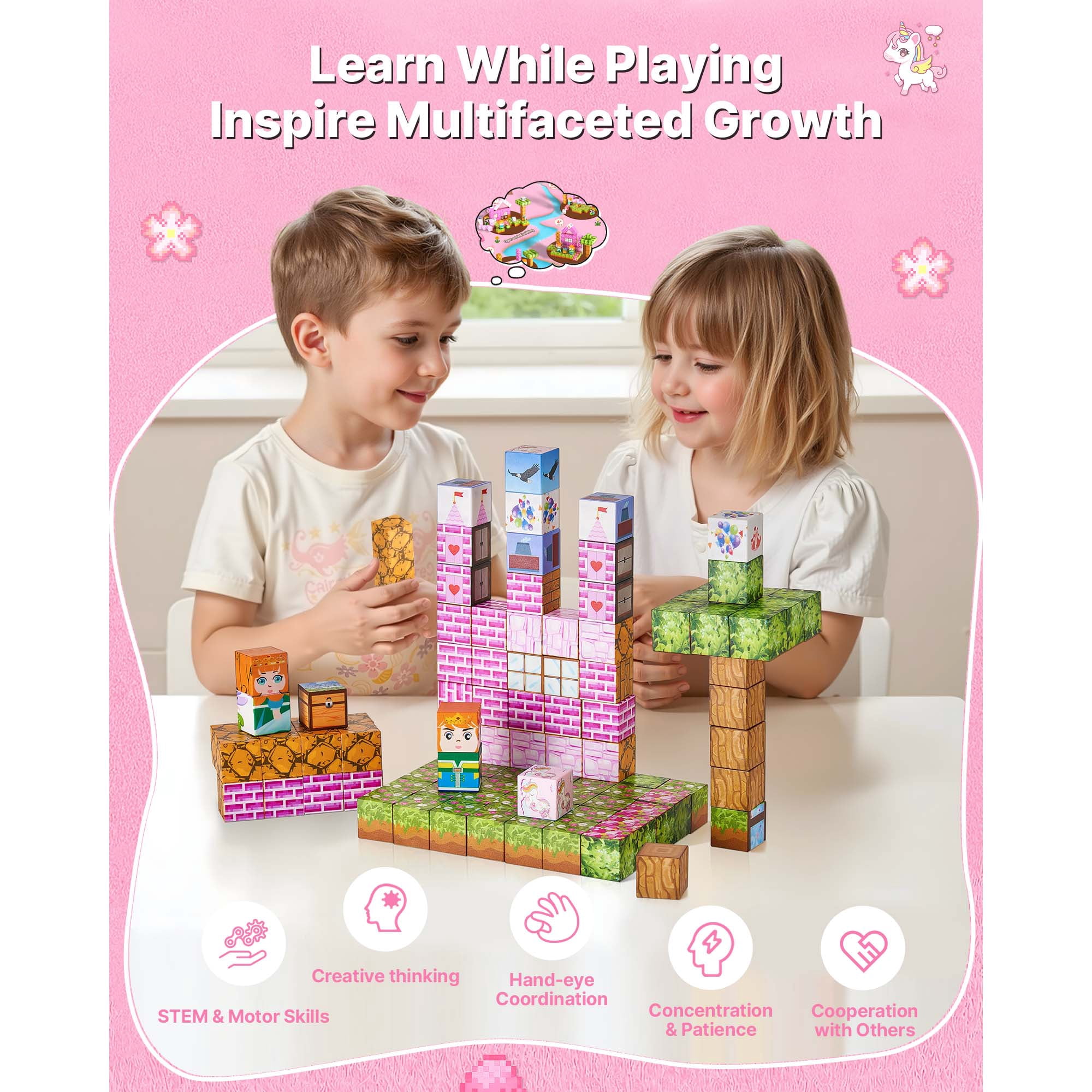 KFFKFF Magnetic Blocks, 100 PCS Princess Castle Set, Magnetic Building Cubes for Kids, STEM Montessori Sensory Toys for Holiday or Birthday Gift, Construction Stacking Toy for Children Aged 3 and Up
