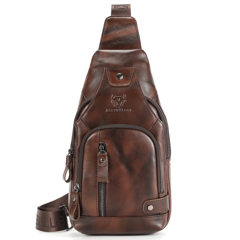 LEBULLBRO Sling Bag for Men Genuine Leather Chest Bag Crossbody Backpack Travel Hiking Outdoor Sports Brown Coffee