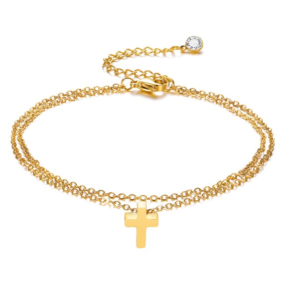 14K White Gold Men's Anklet With Cross Charm,Double Chain,Gift For Boyfriend,Man's Ankles Bracelet,Christian Catholic Jewelry