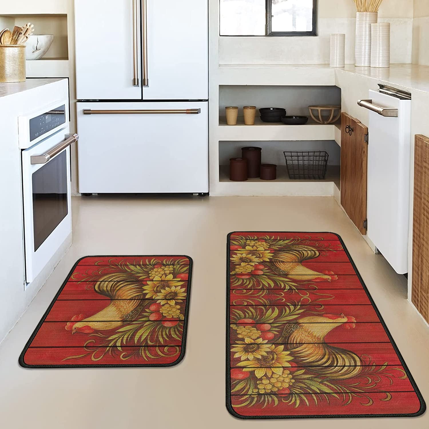 Black Kitchen Rugs and Mats Sets of 2, Funny Kitchen Decoration Rubber Backing Non-Slip Absorbent Mats for Sink Waterproof Runner Rug for Laundry Room 17x30+17x48inch