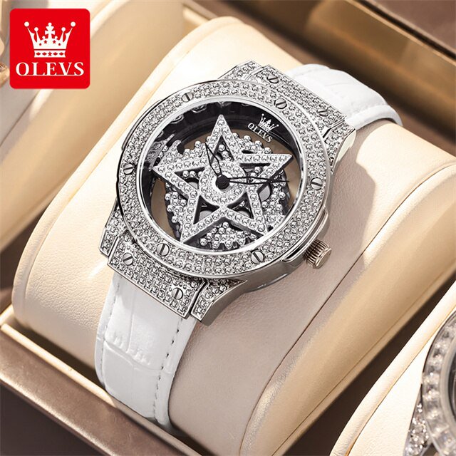 OLEVS Diamond Quartz Watch for Women Rotation Dial Star Snowflake Design Ladies Dress Wristwatch Bracelet Necklace Gift Box Set