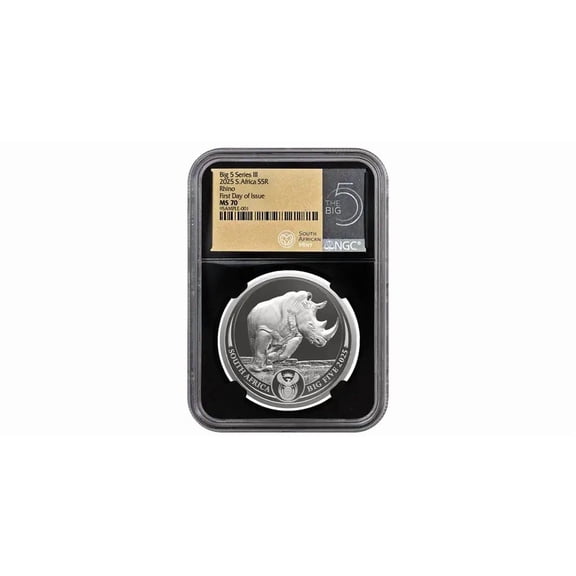 2025 South Africa 1 oz Silver Big 5 III Rhino BU NGC MS70 First Day Of Issue