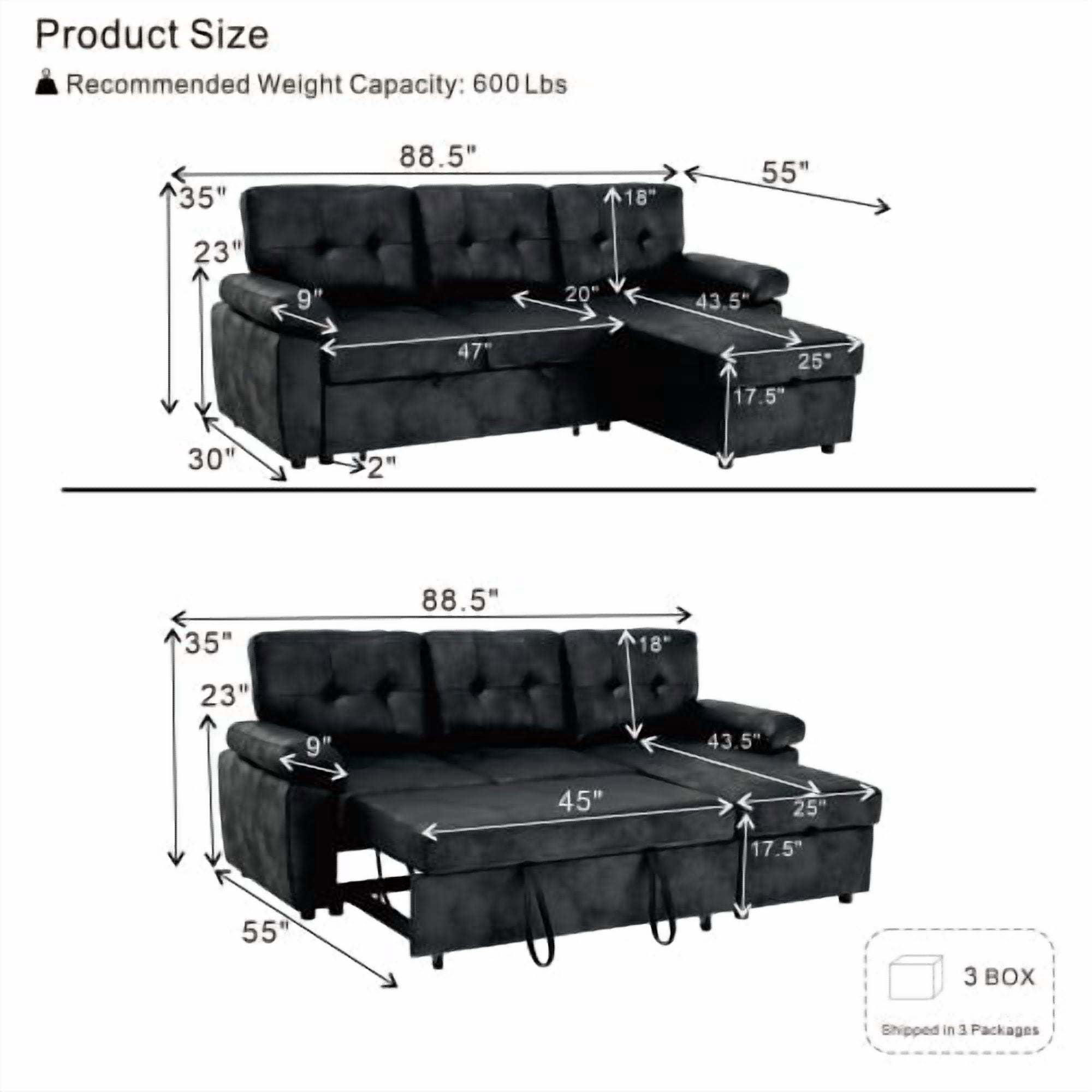 88.5" Convertible L-Shaped Pull-Out Sectional Sofa Bed with Storage Chaise & Soft Padded Armrests, Foil Fabric Upholstery, Black