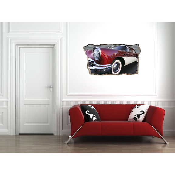 Startonight 3D Mural Wall Art Photo Decor Red Retro Car Amazing Dual View Surprise Medium Wall Mural Wallpaper for Bedroom Vintage Collection Wall Paper Art 32.28 inch By 59.06 inch