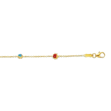 14K 5-Yellow Gold Shiny Cable Link Chain+3 Station Lady Bug Adjustable Brac elet with Pear Shape Clasp