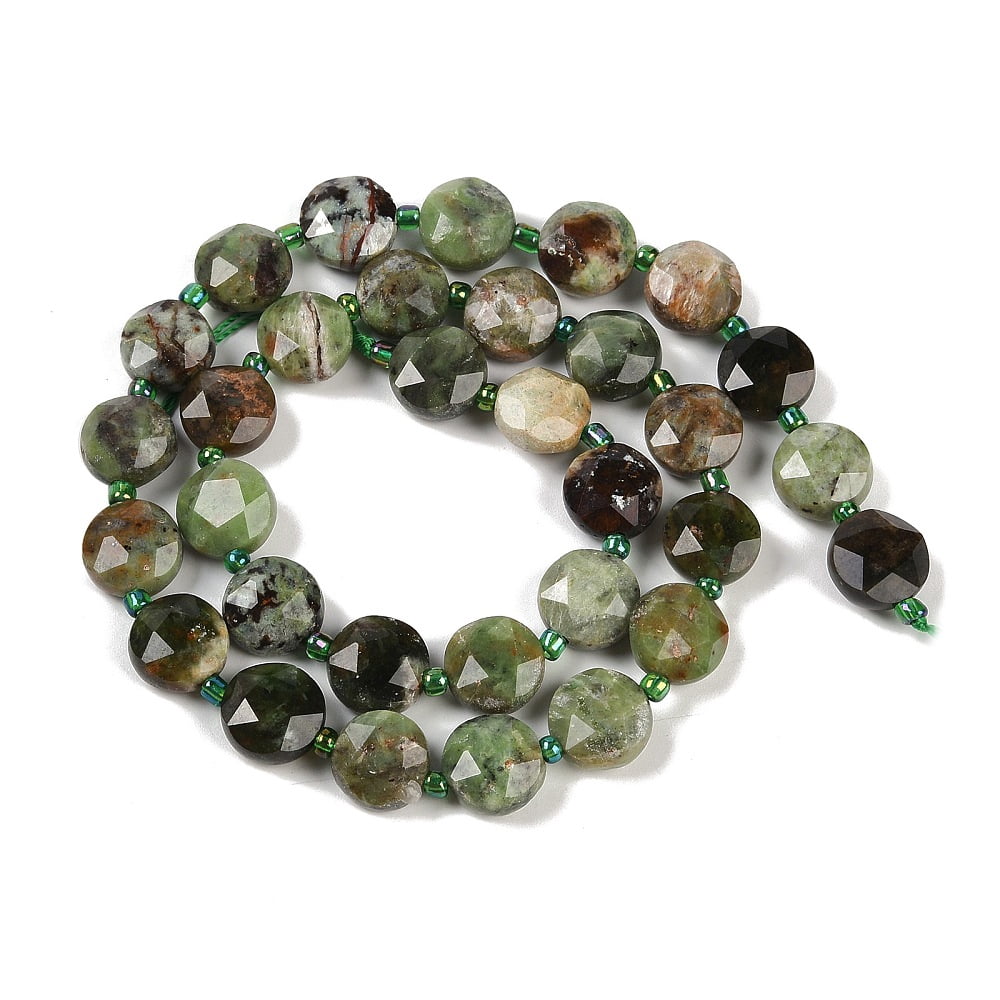 Natural Green Opal Beads Strands Faceted Pentagonal Cut Flat Round with Seed Beads 10~10.5x5~6mm Hole: 1mm about 32~33pcs/strand 15.75''(40cm)
