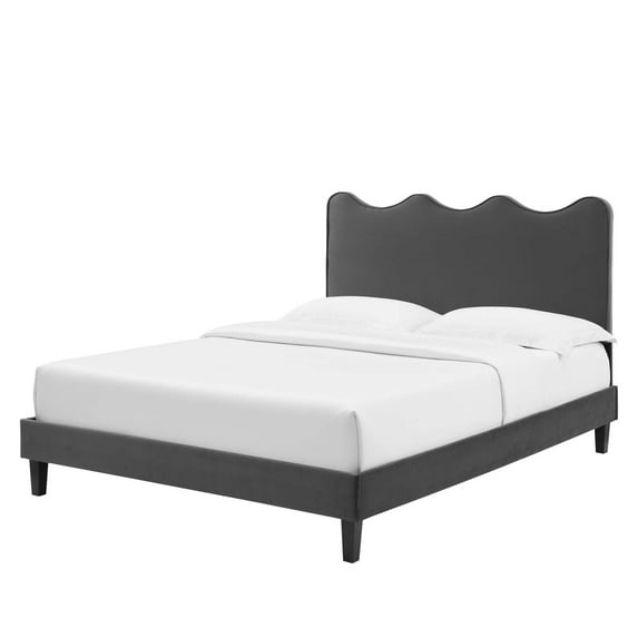 Platform Bed Frame, Full Size, Charcoal Grey Gray, Velvet, Modern Contemporary, Bedroom Master Guest Suite Room