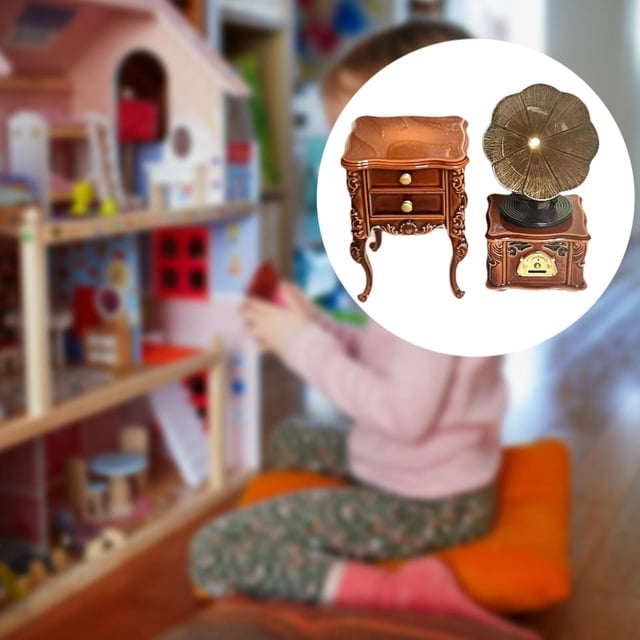 Gramófono retro en miniatura CUTICAT para casa de muñecas 1:12 con mueble