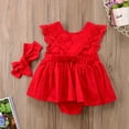 thumbnail image 4 of Robe Rouge à Fleurs pour Nouveau-Née Fille, Combinaison en Dentelle, Bandeau à Nœud, Ensembles, 4 of 7