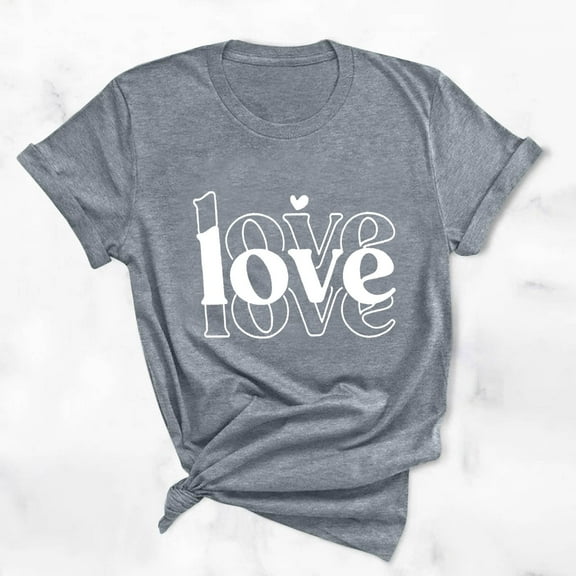 Sakmal Gray Casual Tops for Women Short Sleeve Love Heart Crew Neck T-Shirts Ladies Shirts