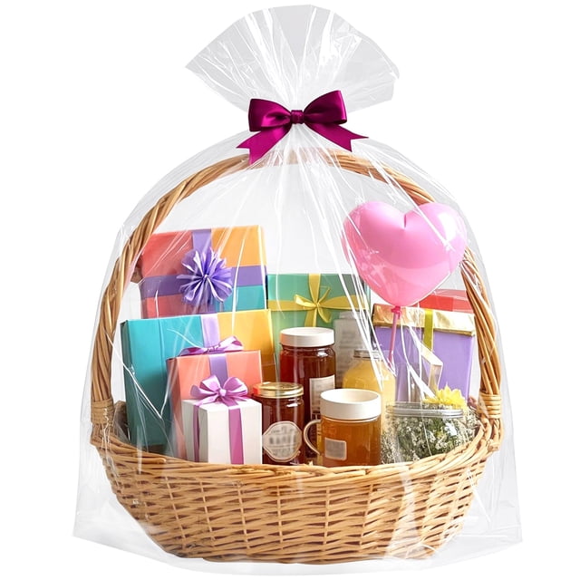 Extra Large Easter Cellophane Bags, 40x50 Inch Clear Cellophane Wrap for Gift Baskets, 10Pcs Jumbo Huge Clear Basket Bags (Ribbon Not Included)