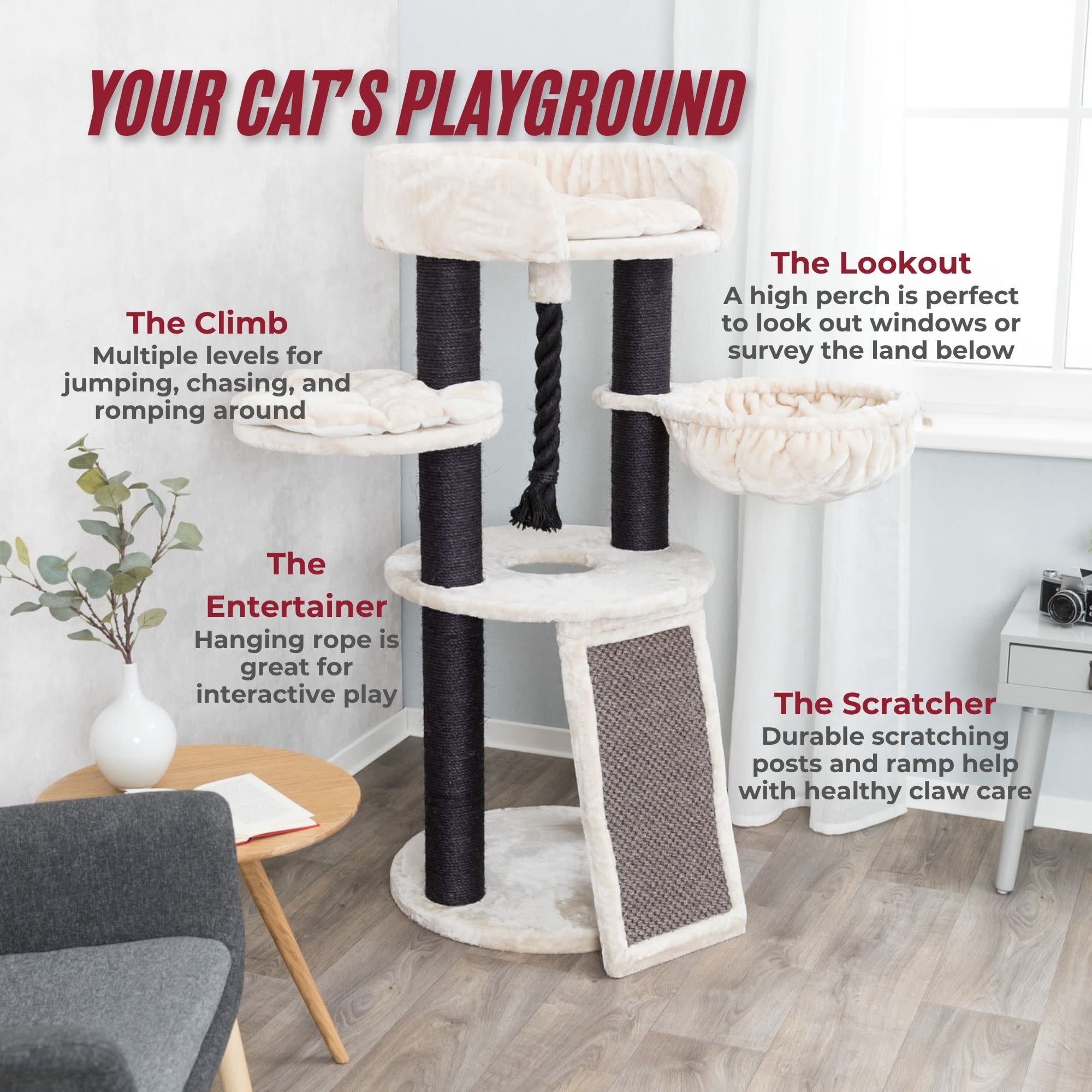 TRIXIE Bovina Plush & Sisal 3-Level 55.5" Cat Tree, Scratching Posts & Hammock, Black