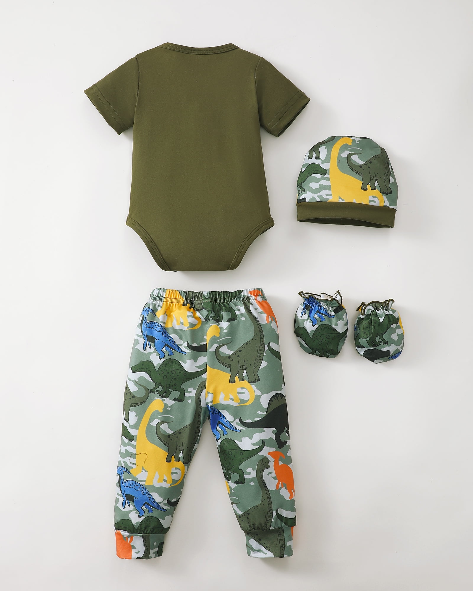 KIMI BEAR Newborn Baby Boys Layette Essentials Romper Pants Gift Sets 4 Packs Short Sleeves Dinosaur Print Bodysuit Tops Pants Set with Hats and Gloves 16pcs Outfits Green NB