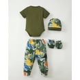 thumbnail image 5 of KIMI BEAR Newborn Baby Boys Layette Essentials 6-9 Months Romper Pants Gift Sets 4 Packs Short Sleeves Dinosaur Print Bodysuit Tops Pants Set with Hats and Gloves 16pcs Outfits Green, 5 of 9