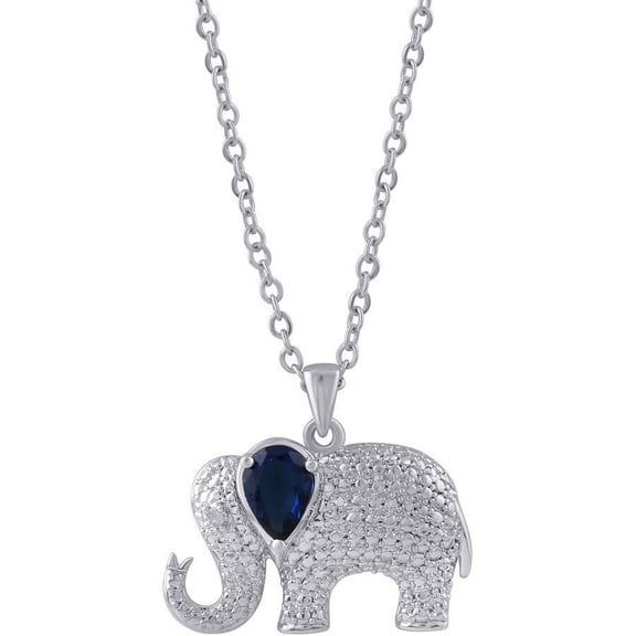 Diamond Accent and Blue Sapphire Gemstone Silver-Tone Elephant Fashion Pendant, 18" Chain