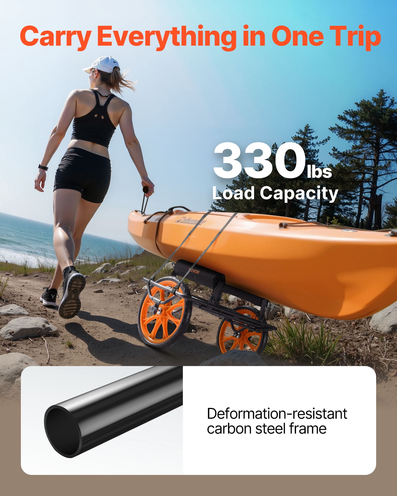 VEVOR Kayak Cart, 330 lbs Load Capacity, Canoe Cart Dolly with 15-inch Solid Rubber Tires & Kickstand, Assembles & Disassembles Within Seconds, Paddle Board Trolley for Kayaks, Canoes, Paddleboards