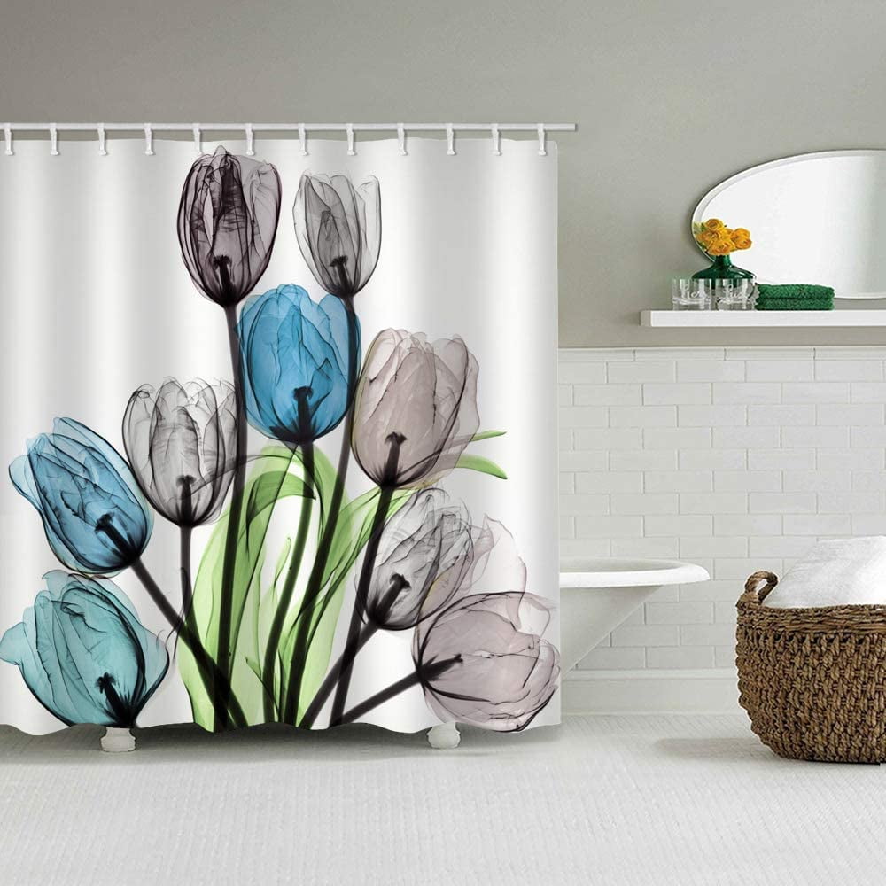 winolive Blue Flowers Tulip Polyester Shower Curtain Set, 71 in x 71 in Machine Washable (12 Pieces)